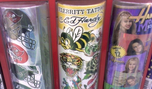 Ed Hardy tattoo decals in a vending machine at a Toys 'R' Us. 50 cents each.