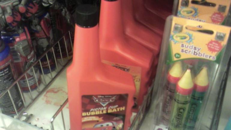 Bubble Bath packaged as motor oil and marketed to kids